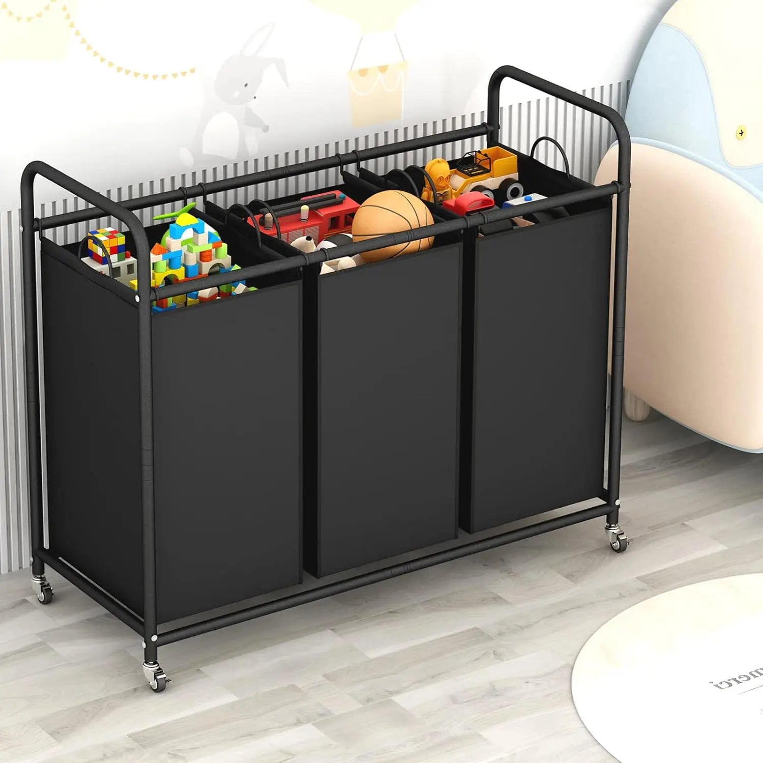 3-Bag Laundry Basket Hamper Laundry Sorter Cart laundry room organization with Heavy Duty Rolling Lockable Wheels and Bags