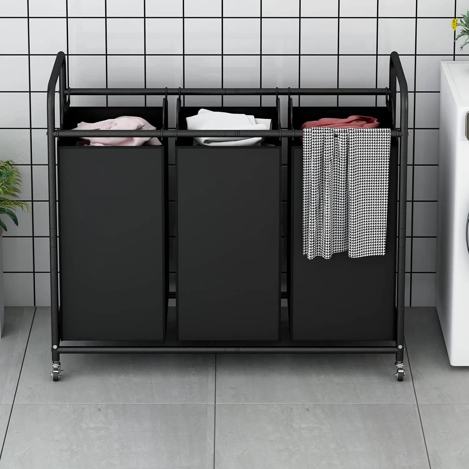 3-Bag Laundry Basket Hamper Laundry Sorter Cart laundry room organization with Heavy Duty Rolling Lockable Wheels and Bags